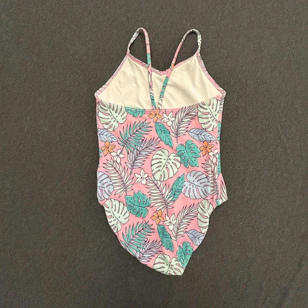 Quince Girls Size 7 One Piece Swimsuit Pink Tropical Leaf Floral Print